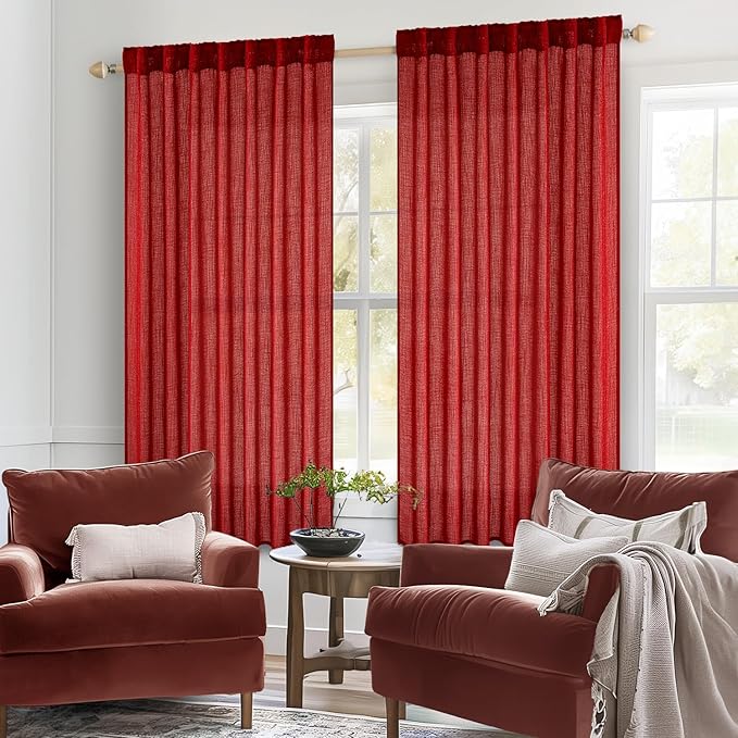 MIULEE Red Linen Short Curtains 63 Inch Length 2 Panels for Kitchen Bedroom, Christmas Soft Thick Linen Textured Window Drapes Living Room Semi Sheer Light Filtering Back Tab Burlap Look Decor