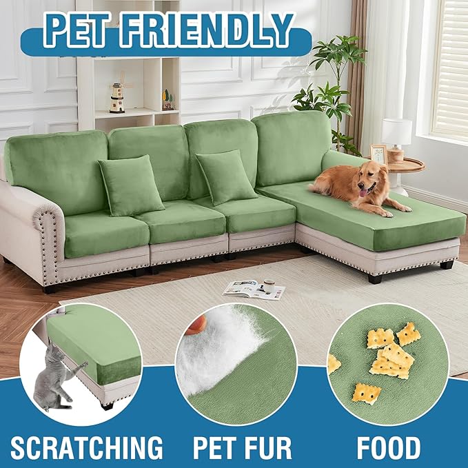 Couch Cover Stretch Velvet Sofa Cushion Cover 2-Piece - Elastic Washable Slipcover for Seat or Backrest, Couch Seat Covers for Sofas (Avocado Green)
