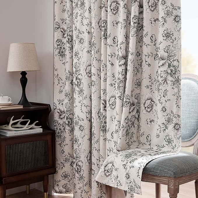 jinchan Blackout Floral Curtains for Living Room Bedroom Linen Blend Curtain Farmhouse Black Printed with Lined Back Tab Rod Pocket Drapes Window Treatments 2 Panels 72 Inch