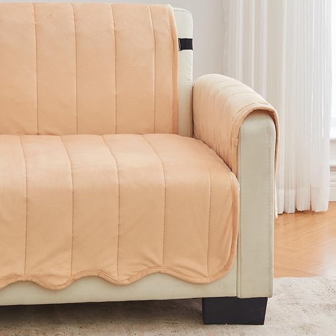 Great Bay Home Velvet Chair Cover - Washable Slipcover Furniture Protector with Elastic Straps - Furniture Cover for Dogs, Kids, and Pets - Stitched Detail (Peach)