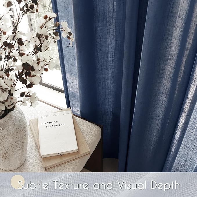 Navy Blue Curtains 63 inch Length for Bedroom Back Tab Light Filtering Semi Sheer Blue Living Room Curtains Linen Cotton Textured Indigo Blue Drapery Panel Modern Farmhouse Aesthetic Decor Dark Blue