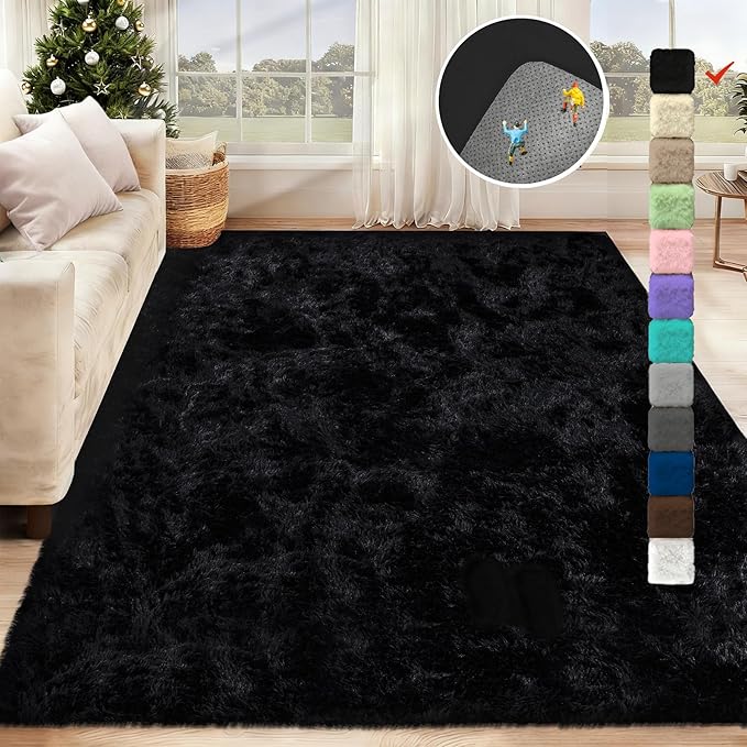 5x8 Area Rug for Living Room: Fluffy Shag Soft Washable Rugs Fuzzy Plush Indoor Carpet for Bedroom Nursery Playroom Dorm Kids Girls Boys Room (Black, 5'x8')