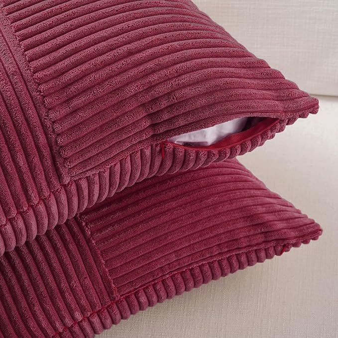 Fancy Homi 2 Packs Burgundy Lumbar Decorative Throw Pillow Covers 12x20 Inch for Living Room Couch Bed, Christmas Boho Home Decor, Soft Striped Corduroy Rectangle Accent Cushion Case 30x50 cm