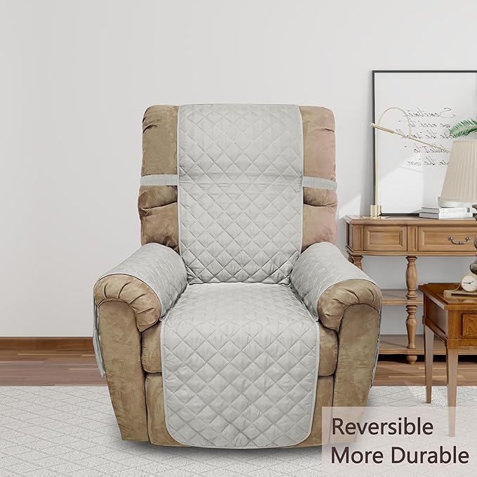Recliner Chair Covers Reversible Sofa Cover Couch Cover for Pets Lazy Boy Furniture Protector(28''Recliner,Light Grey/Beige)