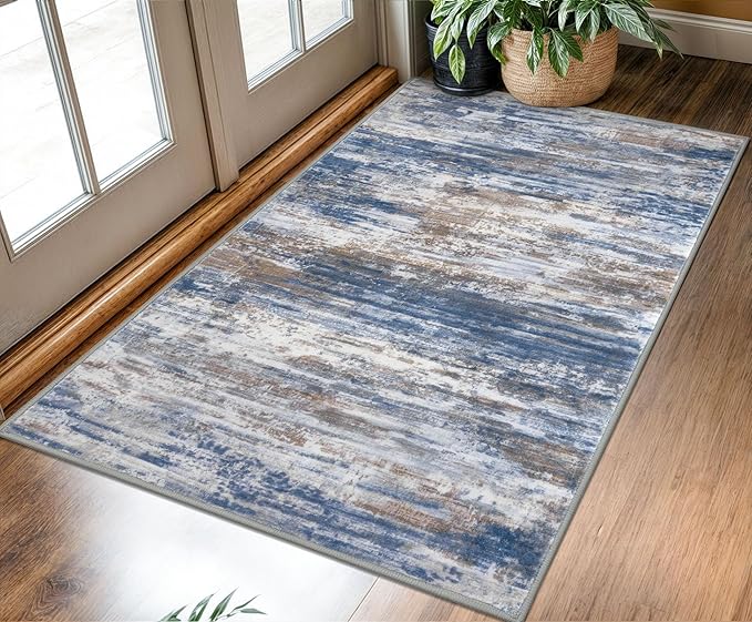 KOZYFLY Modern Abstract 3x5 Large Entryway Rug Non-Slip Washable Area Rug, Blue Rust Throw Rugs Indoor Mat for High-Traffic Door Entrance, Kitchen, Laundry, Nursery, Soft Bedroom Living Room Accent