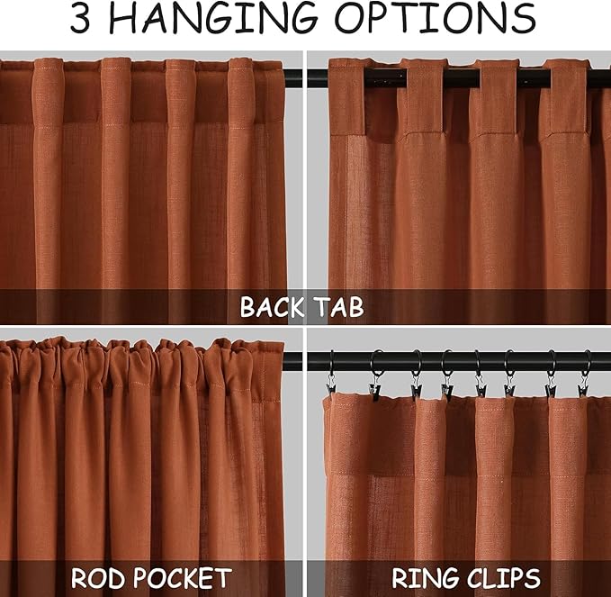 Nanspring Extra Wide Linen Curtains for Living Room 90 Inches Long Terracotta Light Filtering Semi Sheer Boho Farmhouse Curtain for Bedroom Office Luxury Back Tab and Rod Pocket 100x90, 2 Panels