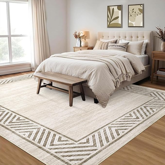 GarveeHome Large Modern Rug 9x12 Non-Slip Geometric Bordered Dining Room Rug, Machine Washable Low Pile Indoor Carpet, Non-Shedding Floor Mats, Easy to Clean, for Living Room, Bedroom, Beige