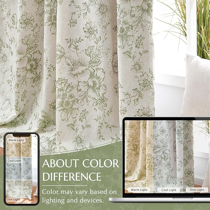 jinchan Blackout Floral Curtains for Living Room Bedroom Linen Blend Curtain Farmhouse Green Printed with Lined Back Tab Rod Pocket Drapes Window Treatments 2 Panels 96 Inch