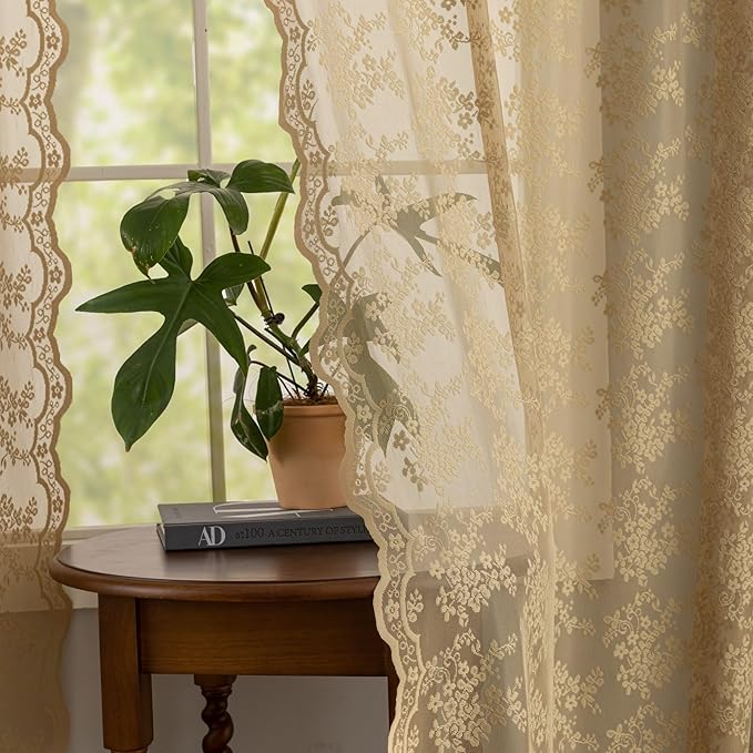 YJ YANJUN Vintage Lace Curtains 84 Inches Long-Victorian Floral Pattern Taupe Sheer Curtain Panels for Living Room Bedroom, Retro Boho Farmhouse Earth Tone Home Decor 2 Panels 52W x 84L Dark Tan