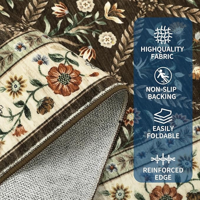 GarveeHome 8x10 Washable Large Living Room Rug Water Resistant Distressed Vintage Floral Non Slip Low Pile Soft Rug for Bedroom Farmhouse Dining Room Kids Playroom Nursery Brown Natural