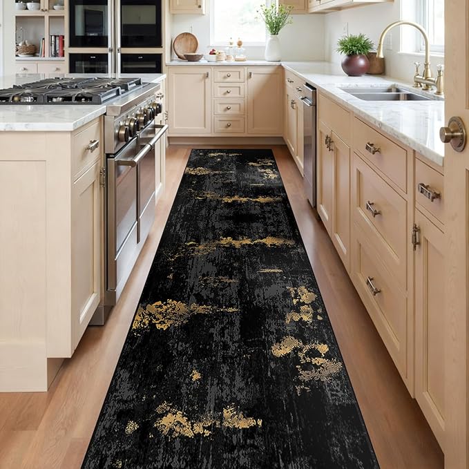 Washable Area Rugs 2'x8' Non-Slip Modern Abstract Soft for Living Room Entryway Bedroom Nursery, Print Pattern, Dark Black Gold