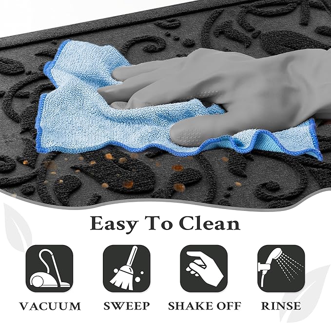Boho Black Floral Leaves Outdoor Indoor Entrance Doormats, Absorbent Durable Heavy Duty Welcome Front Door Mat,Thick Natural Rubber Back,Easy Clean Entryway Mat 17x30 Inch, Low Profile
