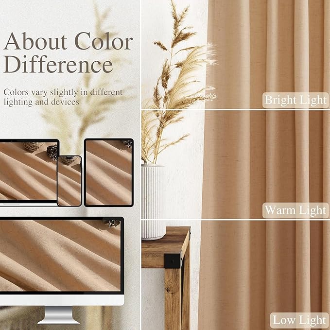 Nanspring Camel Linen Curtains for Living Room Extra Long 112 Inches Long Back Tab Light Filtering Semi Sheer Curtain Vintage Rustic Decor Floor to Ceiling High Window for Bedroom 52x112, 2 Panels