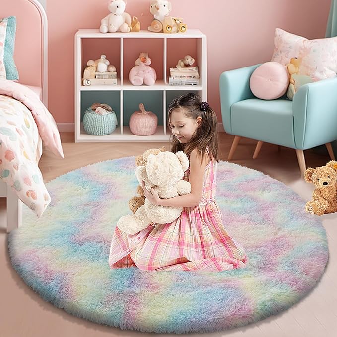 yulidayang Rainbow Fluffy Round Area Rugs for Bedroom,5'X5'Shag Circle Area Rugs for Girls Room,Non Slip Fuzzy Plush Rug for Kids Room Living Room and Dorm Home Decor Rug