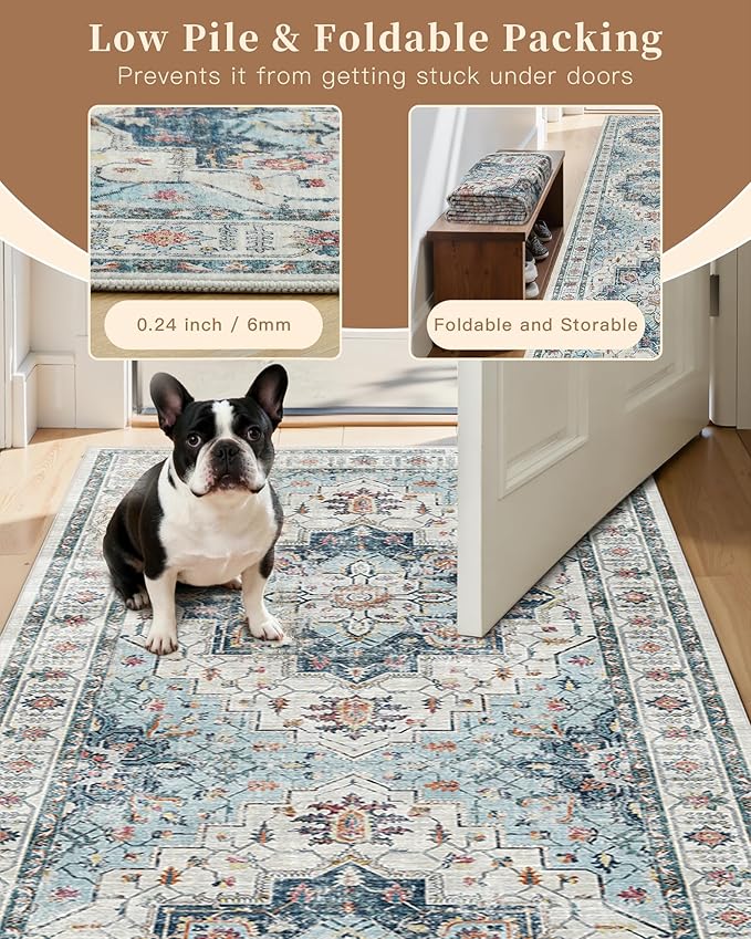 Madane 4x10 Wide Hallway Runner Rug: Washable Soft Rug Runners for Living Room Bedroom, Stain Resistant Low Pile Area Rugs Thin Non Slip Floor Carpet for Ktichen Bathroom Dining Room (Blue, 4x10)