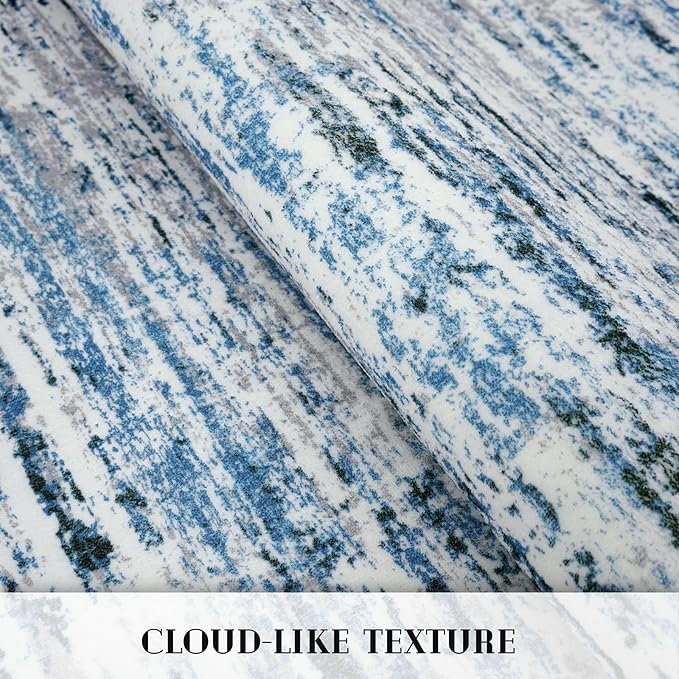 Lansny Modern Abstract 6x9 Machine Washable Living Room Rug Non-Slip Soft Bedroom Area Rug Grey Blue White Thin Print Faux Wool Floor Carpet Throw Rugs for Nursery Playroom Dining Room Indoor