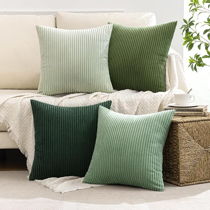 MIULEE Boho Farmhouse Sage Green Throw Pillow Covers 20x20 Inch Set of 4 Mordern Nordic Cushion Covers Soft Corduroy Spring Home Decor for Couch Bed Sofa Living Room Forest Green