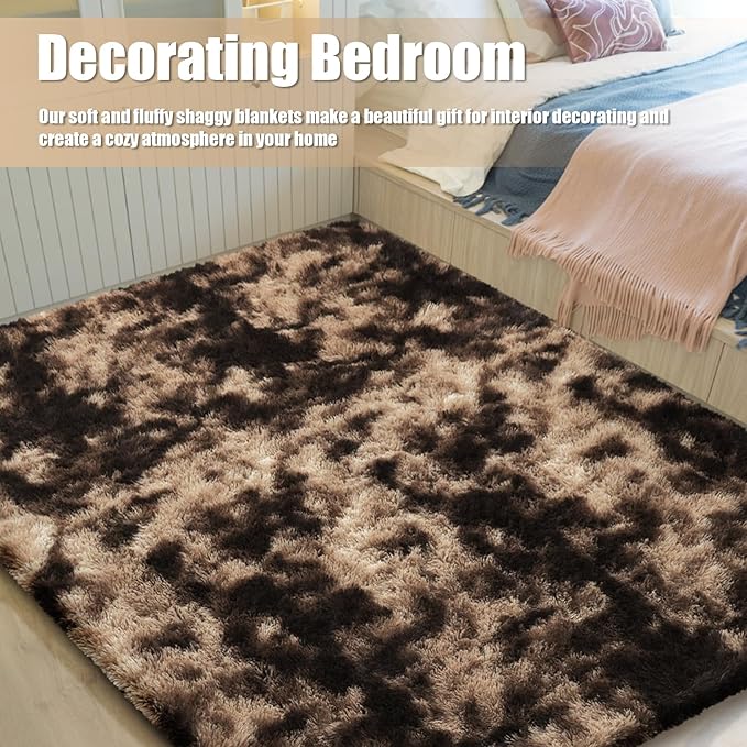 Shag Area Rug for Bedroom 3x5,Fluffy Area Rugs for Living Room,Soft Fuzzy Rug Non-Shedding Indoor Plush Carpet for Kids Bedroom Nursery Dorm Home Decor,Tie-Dyed Coffee