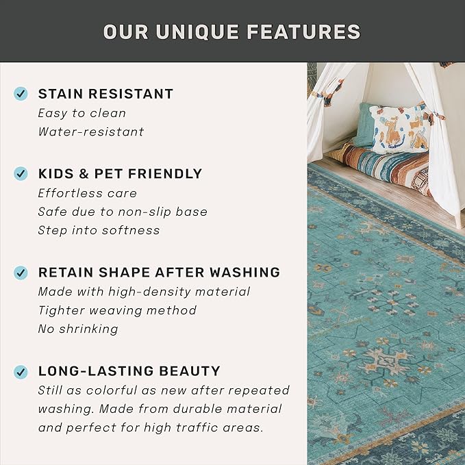 Washable Teal Rugs for Entryway Indoor - 3x5 Throw Rug for Large Kitchen, Bedroom Bedside, Bathroom, Mudroom, Boho Turquoise Modern Décor, Non Slip Low Pile Fade Resistant