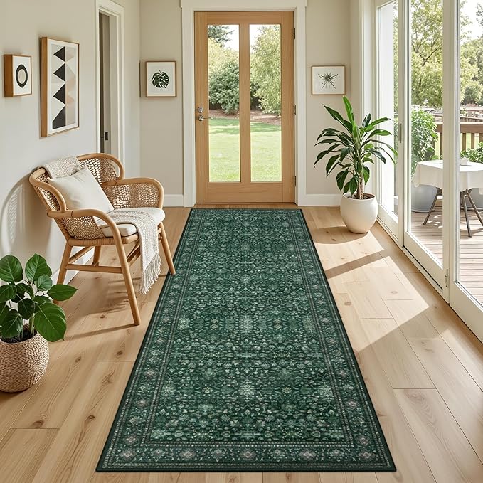 Hallway Runner Rug Non Slip - Washable 2.6x8 Kitchen Rugs for Living Room, Low-Pile Soft Bedroom Rug Indoor Floor Stain Resistant Carpets for Entryway, Laundry, Bathroom Deep Green