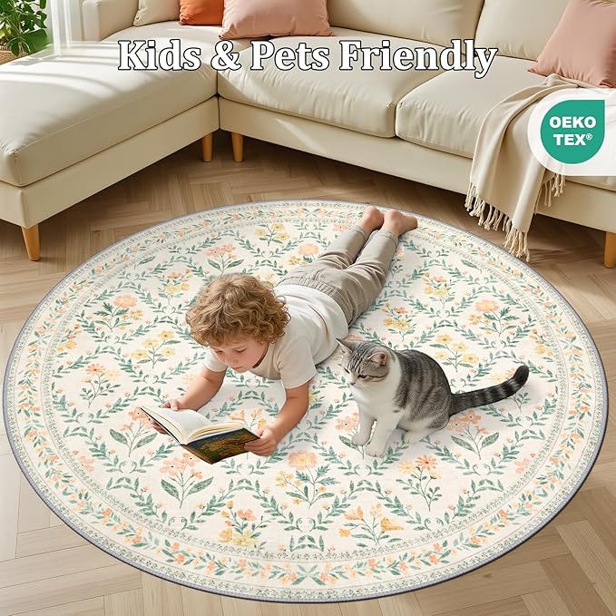 Round Area Rug for Living Room: 4 ft Floral Washable Circle Rug Soft Non-Slip Carpet Indoor Stain Resistant Low Pile Small Circular Rug for Bedroom Entryway Kitchen Nursery Home Office Beige/Multi
