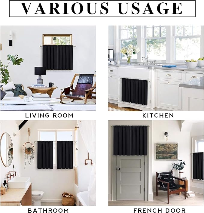 RYB HOME Black Curtains Blackout - Bathroom Small Window Curtains Thermal Insulated Privacy Drapes for Kids Bedroom Living Room Kitchen Basement, Width 42 by Length 36, 1 Pair