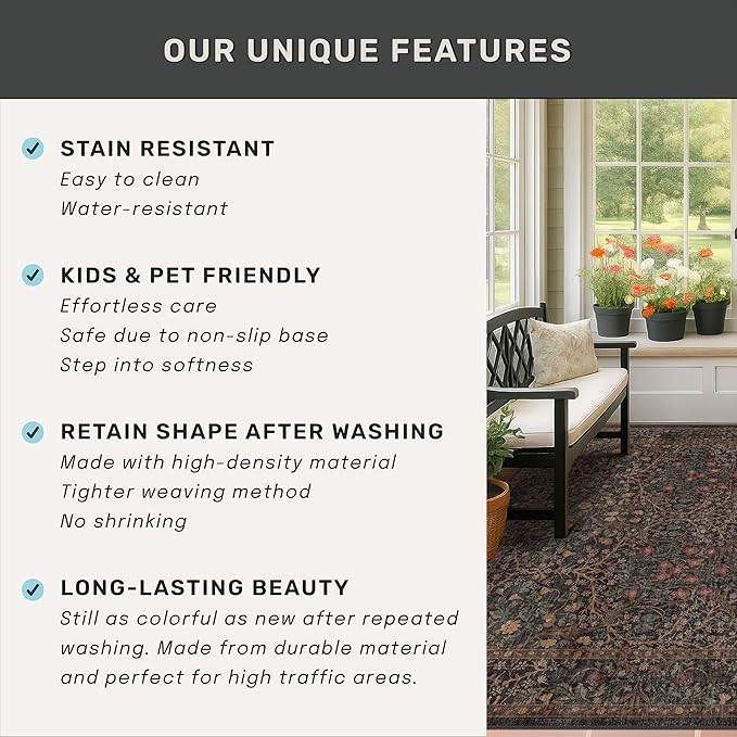 Washable Dark Brown 4x6 Area Rugs for Living Room, Bedroom Bedside Rug, Kitchen, Mudroom, Home Office, Non-Slip Low Pile Ultra Soft Stain Resistant, Small Vintage Taupe Accent Botanical Floral Carpet
