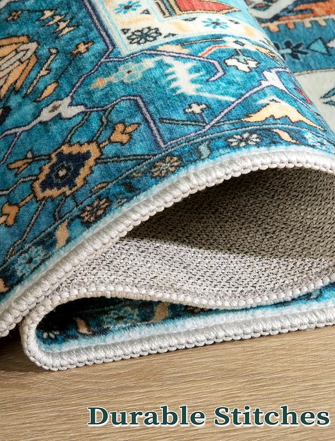 SERISSA Boho Washable Runner Rug, 2'6"x8' Rug Runner Non-Slip Vintage Blue Hallway Kitchen Runner Rug Ultra Soft Print Distressed Tribal Floor Carpet Runner for Bedroom Bathroom Laundry Room