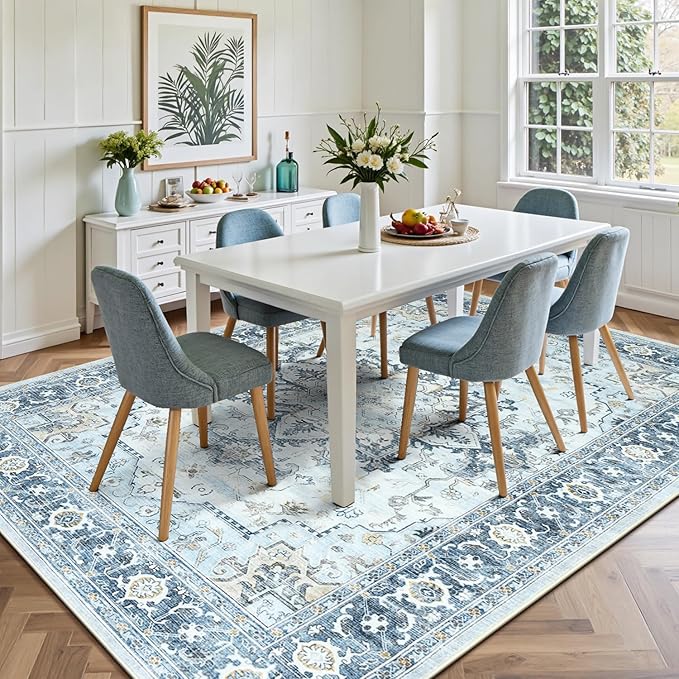 Lofus 8x10 Area Rugs for Living Room, Machine Washable Non-Slip Area Rug, Low Pile Large Rugs for Bedroom, Kitchen, Dining Room, Home Office, Vintage Oriental Print Rug, Blue Gold