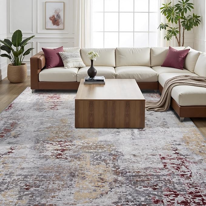 Toneed Abstract Area Rug 5x7 Modern Washable Rug Soft Non Slip Rug Low Pile for Bedroom Living Room Dining Room Taupe Grey Brown