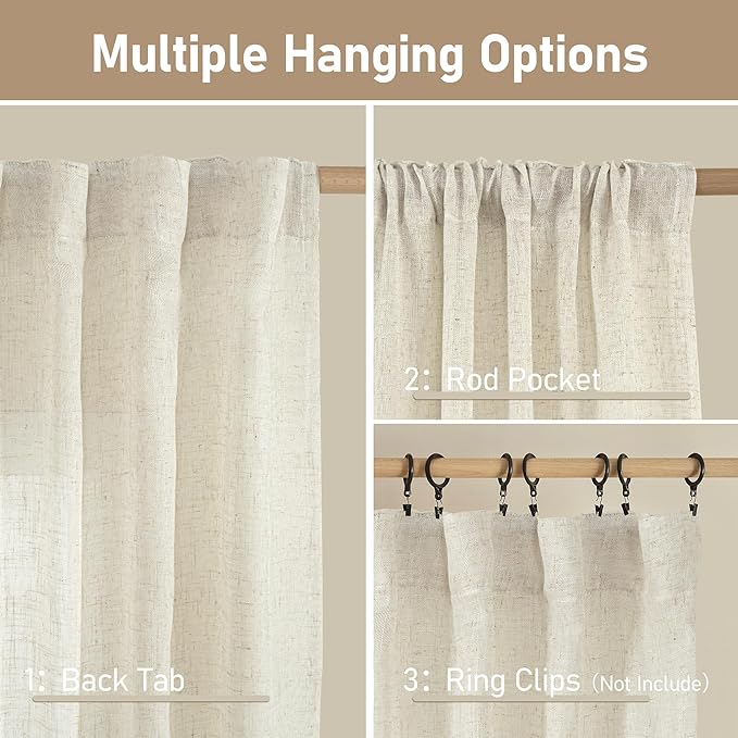 LAMIT 60 Inch Wide Linen Curtains for Bedroom, Ivory Cream Light Filtering Faux Linen Textured Panels Semi Sheer Back Tab and Rod Pocket Boho Drapes for Living Room/Farmhouse, 2 Panels, 60 x 63 Inch