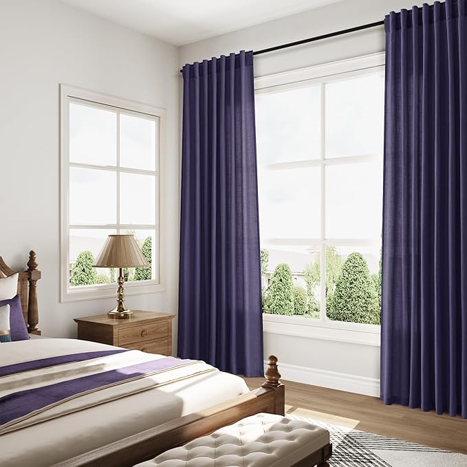 Nanspring Purple Linen Blend Light Filtering Back Tab Curtains 108 Inches Long, Semi Sheer Privacy Drapes for Living Room & Bedroom, 52x108 inch, 2 Panels