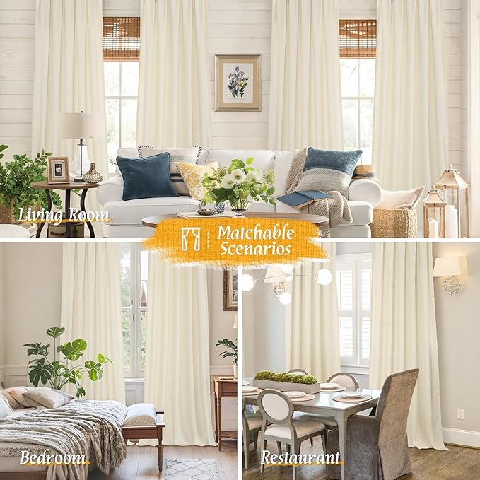 LAMIT Light Beige Linen Curtains 63 inch Length for Bedroom, Soft Semi Sheer Light Filtering Window Treatments Rod Pocket Drapes for Living Room/Small Window, 2 Panels Set, 42 x 63 Inch