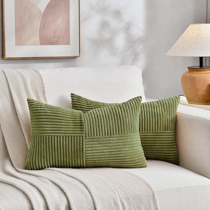 Fancy Homi 2 Packs Moss Green Lumbar Decorative Throw Pillow Covers 14x22 Inch for Living Room Couch Bed, Rustic Farmhouse Boho Home Decor, Soft Striped Corduroy Rectangle Accent Cushion Case 35x55 cm