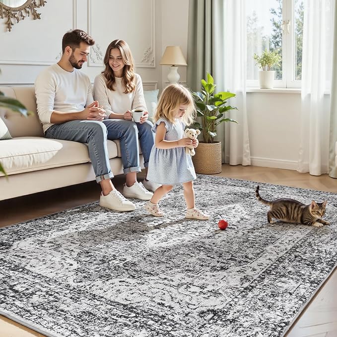 Lofus 5x7 Area Rugs for Living Room, Washable Area Rug, Rugs for Bedroom, Kitchen, Vintage Boho Carpet, Soft Non-Slip, Low Pile Large Area Rug for Office Dining Room, Vintage Dark Grey