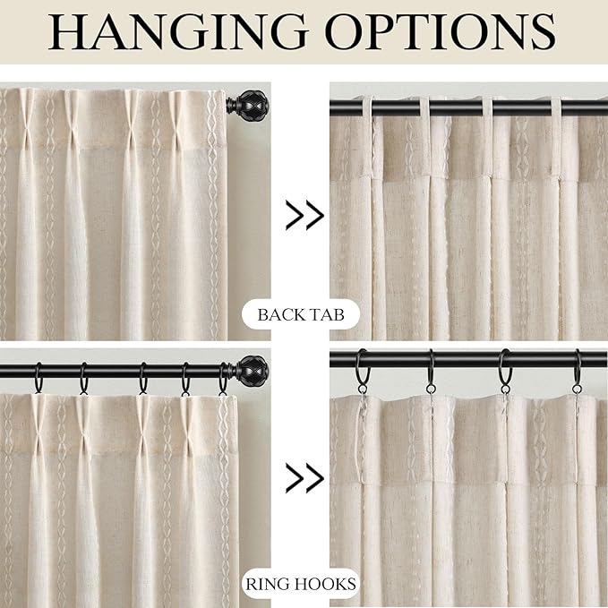 Pinch Pleated Look Light Filtering Curtains 84 Inch Length, 2 Panels Linen Textured Boho Neutral Drapes for Living Room Bedroom Farmhouse Vintage Rustic Window Curtains with Hooks