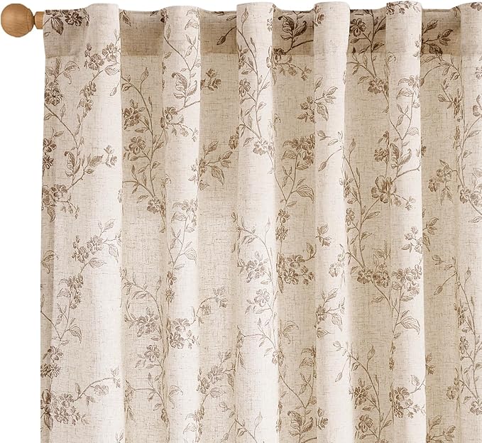Lazzzy 90 Inch Curtain for Living Room Taupe Floral Drapes Linen for Bedroom Dining Room Farmhouse Vintage Light Filtering Curtains Rod Pocket Back Tab, 2 Panels Set, Taupe on Beige