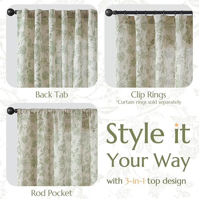 jinchan Linen Floral Curtains for Living Room with Printed Flower 108 Inches Long Light Filtering Extra Long Back Tab Rod Pocket Sage Green Window Curtain Set Farmhouse Drapes, 2 Panels