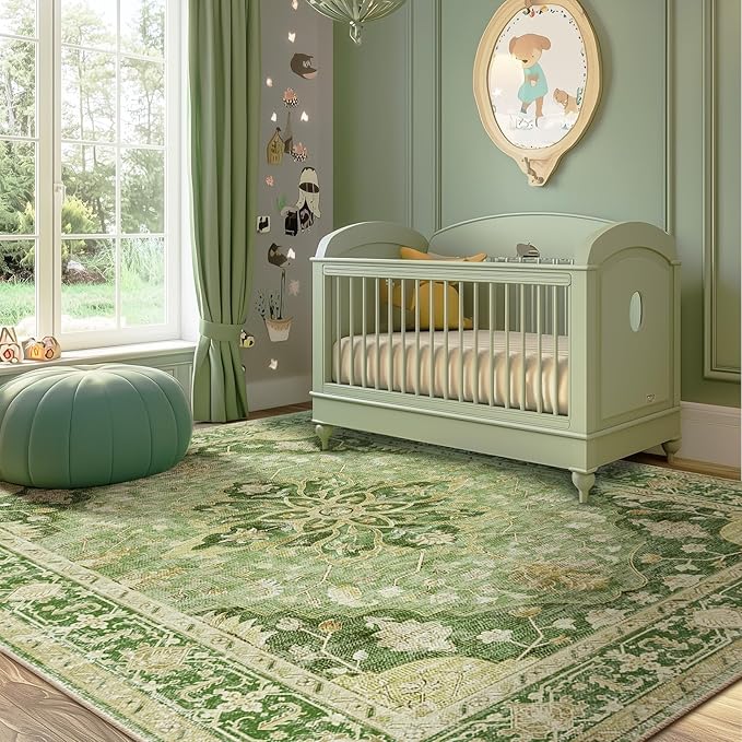 RELEANY Area Rugs 5'x8' Washable Non-Slip, Floral Vintage Distress Print Pattern Medallion Carpet for Living Room Bedroom Dining Room, Sage Green Yellow