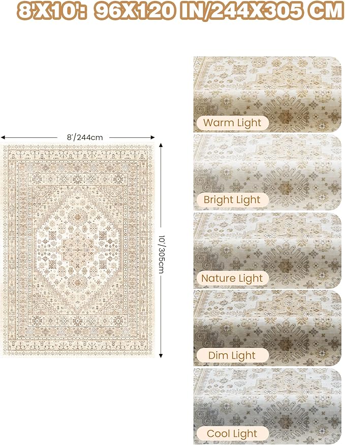 Washable Rugs 8x10 Area Rugs for Living Room, Non-Slip Backing Large Rug for Nursery Room, Vintage Floral Bedroom Rugs, Thin Indoor Home Decor Soft Farmhouse Rug (Cream/Beige,8'x10')