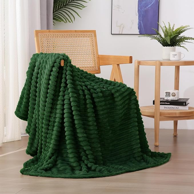 Dark Green Fleece Throw Blanket 50”×70” for Couch Sofa Bed,Super Soft Cozy Plush Microfiber Flannel Blanket with Stripes Design Lightweight for Adults,Woman,Girls