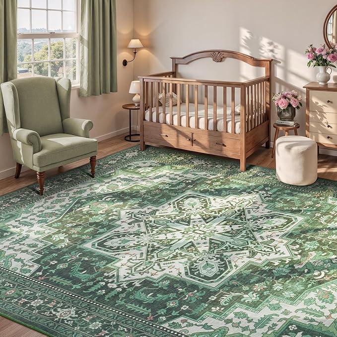 Rugflix 3x5 Area Rugs for Living Room, Machine Washable Rug Non Slip Stain Resistance, Small Rug Vintage Distressed Soft Carpet for Bedroom, Dining Room, Home Office, Green