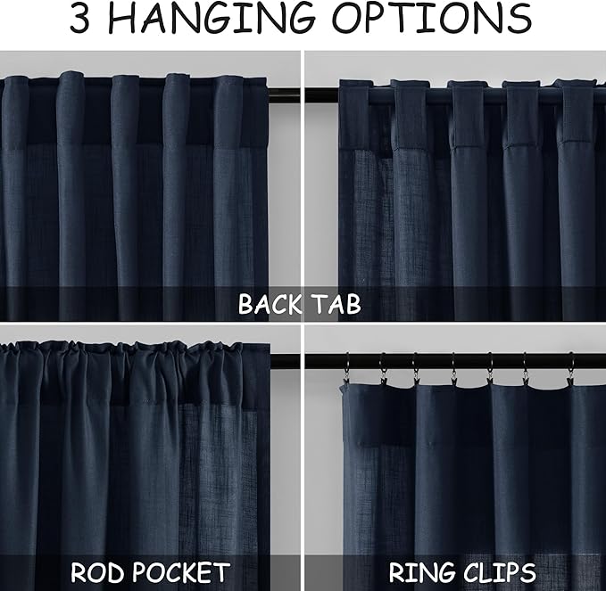 Linen Navy Blue Curtains 108 inch Extra Long for Living Room Back Tab Light Filtering Semi Sheer Drapes Modern Farmhouse Coastal Decor Textured Curtain for Floor to Ceiling High Window 52x108