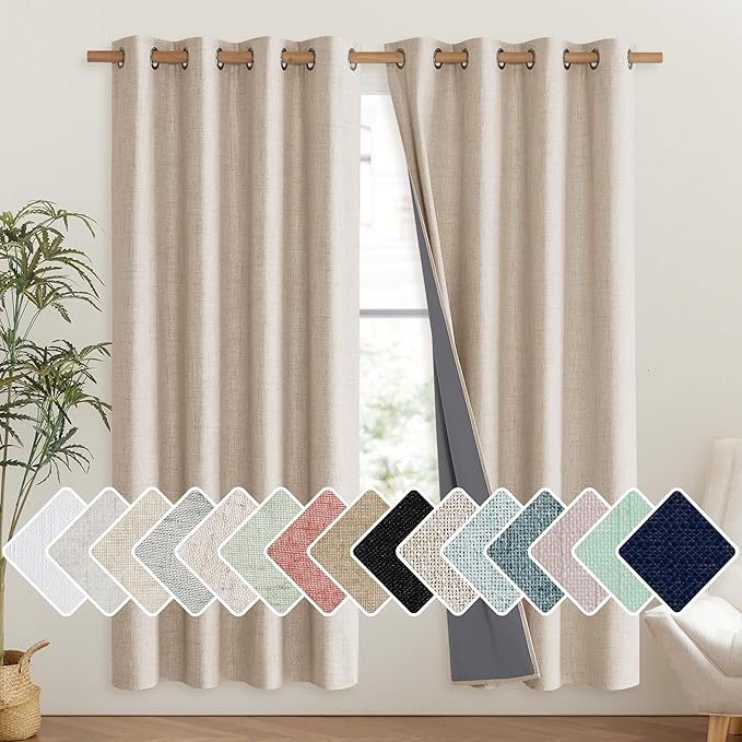 NICETOWN Cream Bedroom Full Blackout Linen Curtain Panels Set of 2, 52" by 72", Thick Insulated Classic Grommet Blackout Draperies with White Thermal Insulated Liner for Windows
