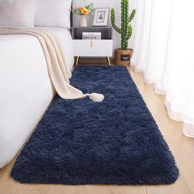 Chicrug Soft Runner Rug for Bedroom Living Room Plush Fluffy Rug 2x8 Feet, Shag Furry Runner Carpet Non Shedding for Nursery Children Kids Girls Room Home Decorative, Navy Blue