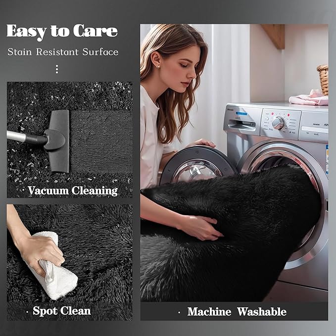 6x9 Area Rug for Living Room: Fluffy Shag Soft Washable Rugs Large Fuzzy Plush Indoor Carpet for Bedroom Nursery Playroom Kids Girls Boys Room (Black, 6'x9')