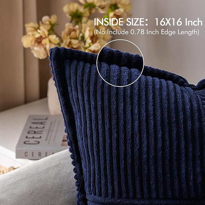 MIULEE Decorative Throw Pillow Covers for Couch Bed Livingroom 16x16 Inch Set of 2 Navy Blue Boho Accent Throw Pllows Broadside Striped Patchwork Soft Corduroy Summer Coastal Pillowcases