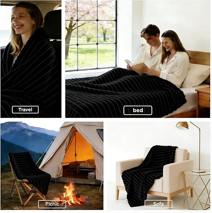 HIMEET Black Ribbed King Size Blanket for Bed - 300GSM Lightweight Fleece Blanket for Men Women, Large Cozy Sofa Couch Bed Blankets Gifts, Striped Spring Home Room Decor, Black, 108x90 Inches