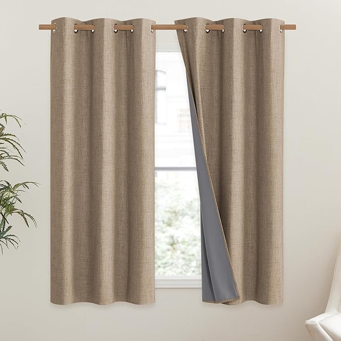 NICETOWN Burlap Vintage Open Linen Weave Flax Thermal Curtains, 100% Blackout Curtains 54" Long for Dining Room, Soundproof Window Treatment Drapes for Kitchen, 42" Wide Per Panel, Set of 2