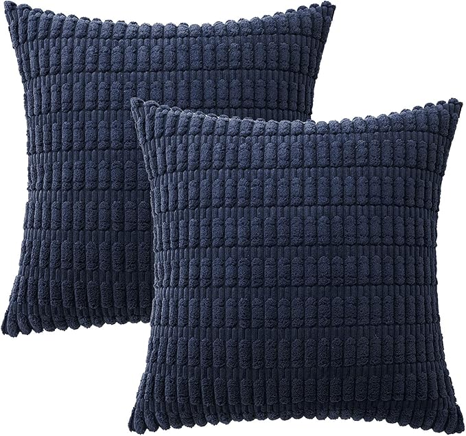MIULEE Pack of 2 Corduroy Decorative Euro Sham Throw Pillow Covers 26x26 Inch Soft Boho Striped Pillow Covers Modern Farmhouse Home Decor for Summer Coastal Sofa Living Room Couch Bed Dark Blue